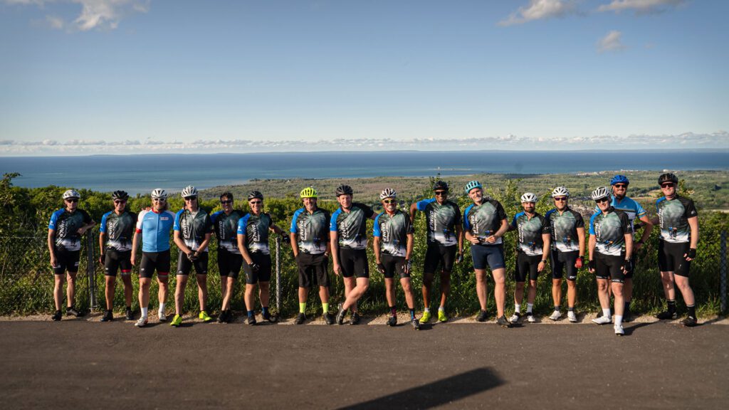 aviva team poses for group picture at the end of cycling event